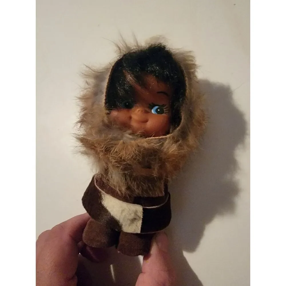 Vintage 70s Cute Eskimo Inuit Indian Doll Baby Real Rabbit Fur Alaska 6